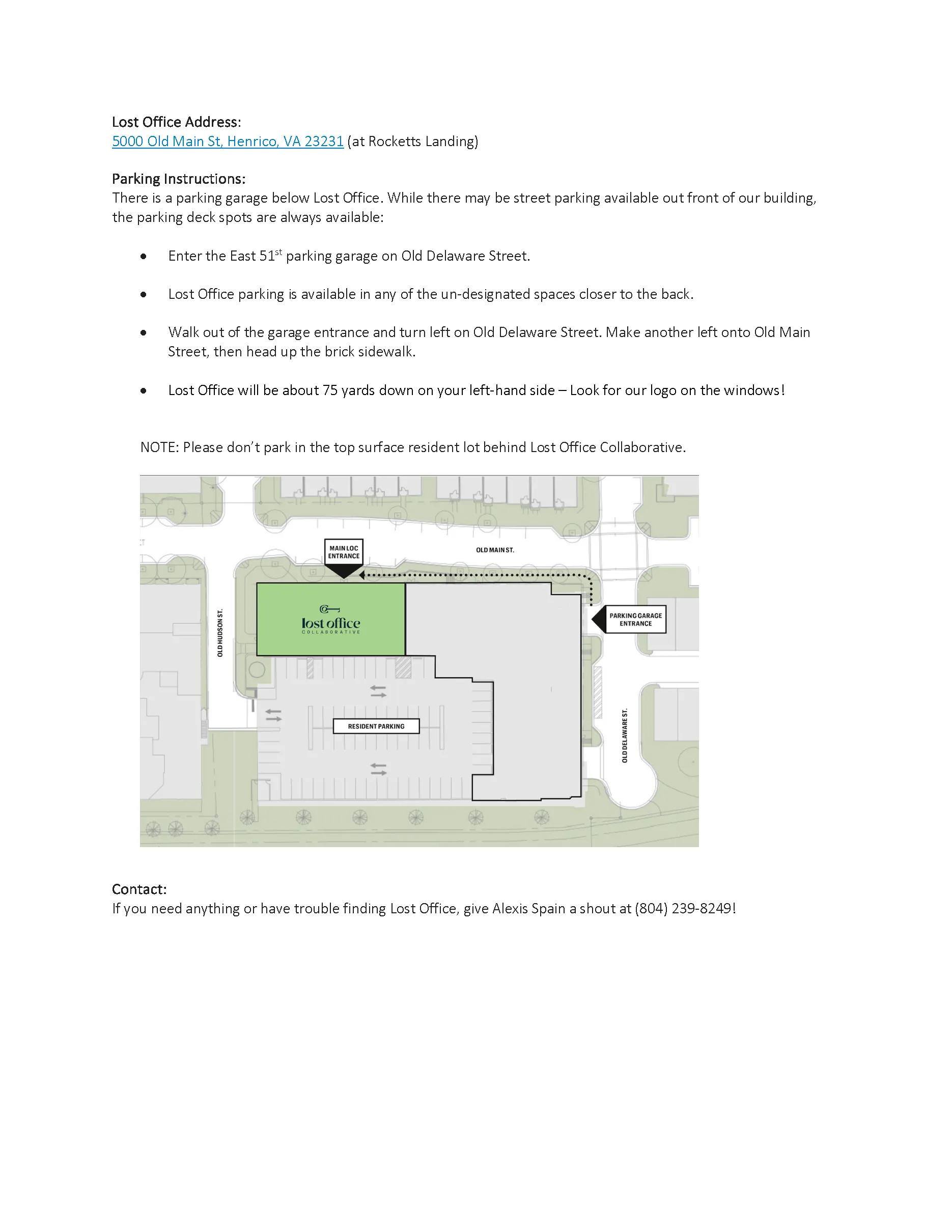 Parking map for Lost Office Collaborative at 5000 Old Main Street, Rocketts Landing.